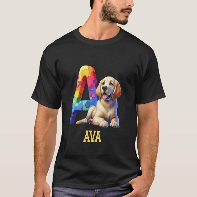 Cute Hundar Brev Ava Namn Rainbow Hund T Shirt (Framsida)