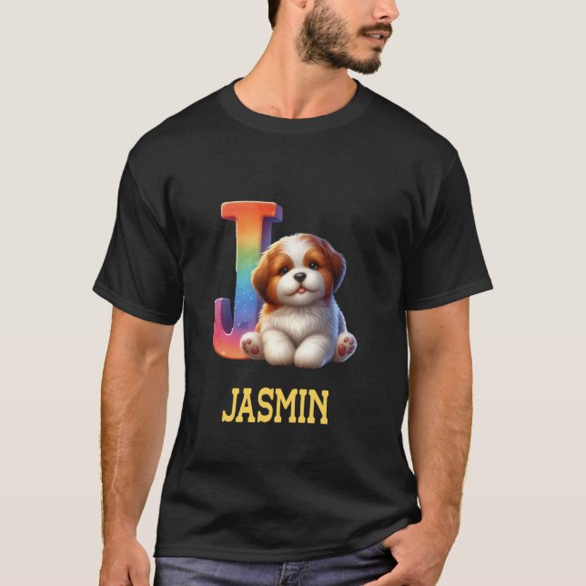 Cute Hundar Brev Jasmin Namn Rainbow Hund T Shirt (Framsida)
