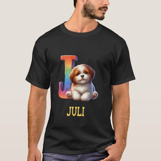 Cute Hundar Brev Juli Namn Rainbow Hund T Shirt (Framsida)