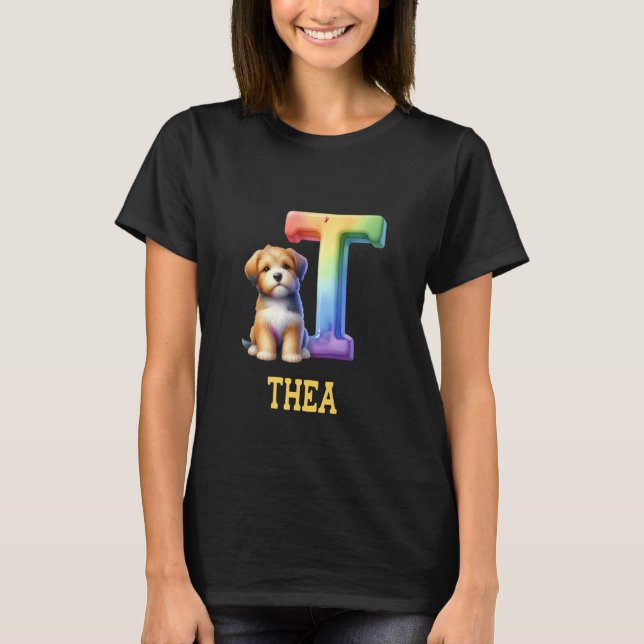 Cute Hundar Brev Thea Namn Rainbow Hund T Shirt (Framsida)