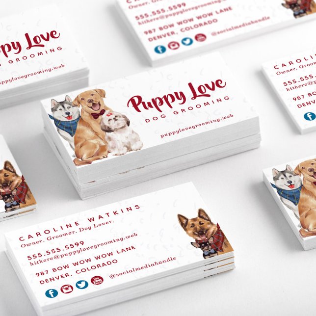 Cute Hundar Groomer Walker Sitter Visitkort (Stacked Watercolor Dogs Dog Groomer Sitter Walker Business Card—Front & Back)