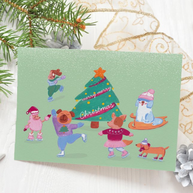 Cute Hundar Ice Skalat grönt - platta Helgdag Julkort (Skapare uppladdad)