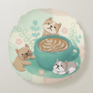 Cute Hundar och kaffeillustration Rund Kudde