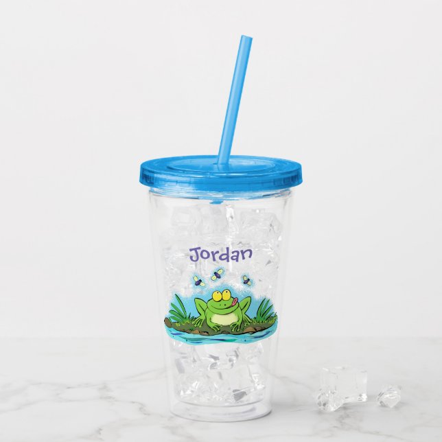 Cute hungrig grönt groda med fluggla tecknad take away mugg (Baksida Ice)