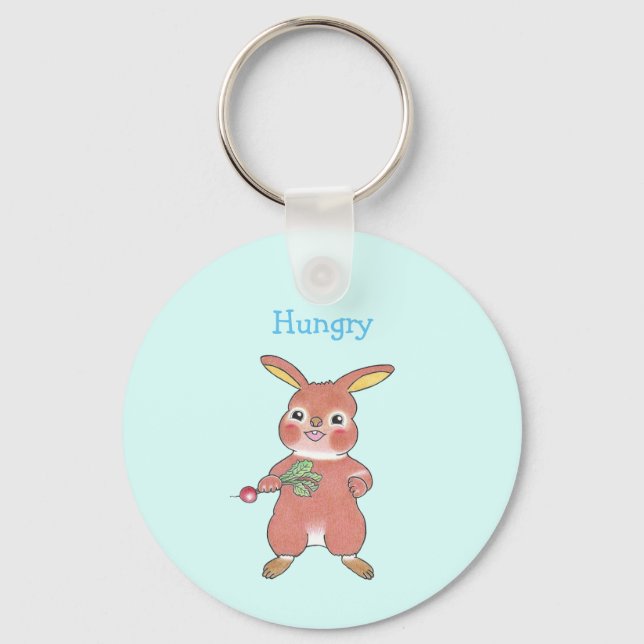 Cute Hungrig och Sömnig Bunny Rabbit Blue Keychain Nyckelring (Framsida)