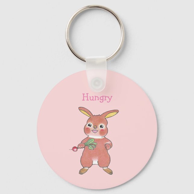 Cute Hungrig och Sömnig Bunny Rabbit Rosa Keychain Nyckelring (Framsida)