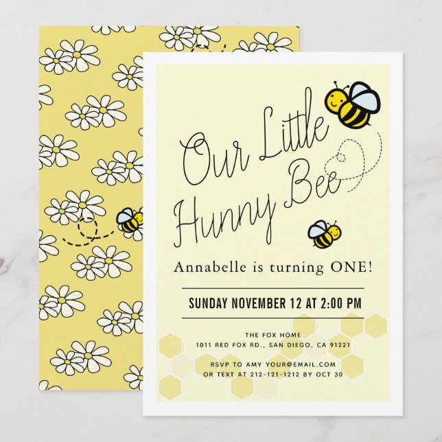 Cute Hunny Bee Gult 1:a födelsedagen Party Inbjudningar (Fram/baksida)