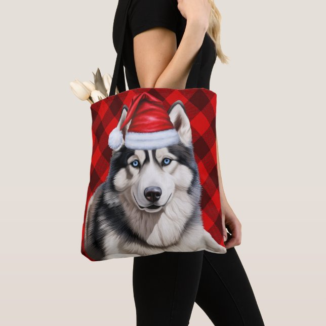 Cute Husky Christmas Dog Red Buffalo Plaid Tygkasse (Närbild)