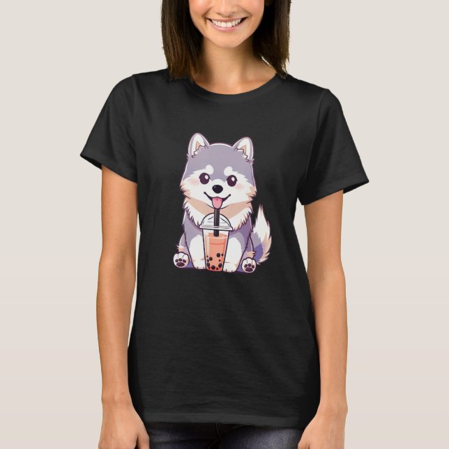 Cute Husky Dog Drinking Bubble Milk Tea  Dog T Shirt (Framsida)