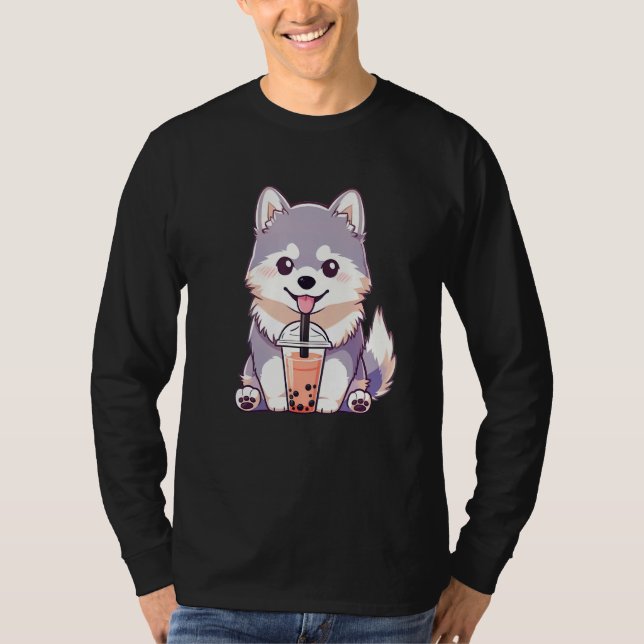 Cute Husky Dog Drinking Bubble Milk Tea  Dog T Shirt (Framsida)