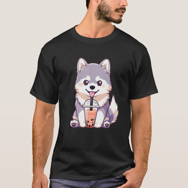 Cute Husky Dog Drinking Bubble Milk Tea  Dog T Shirt (Framsida)