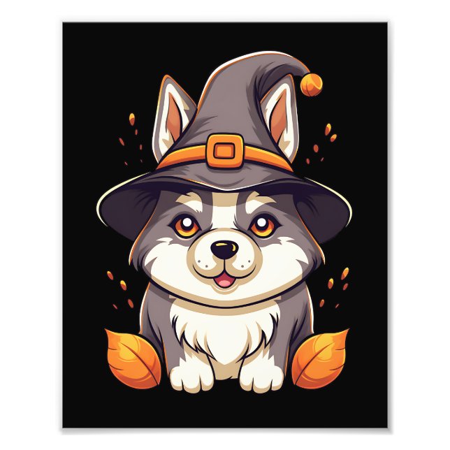 Cute Husky Hund i Witch's Hat Halloween Fototryck (Framsidan)