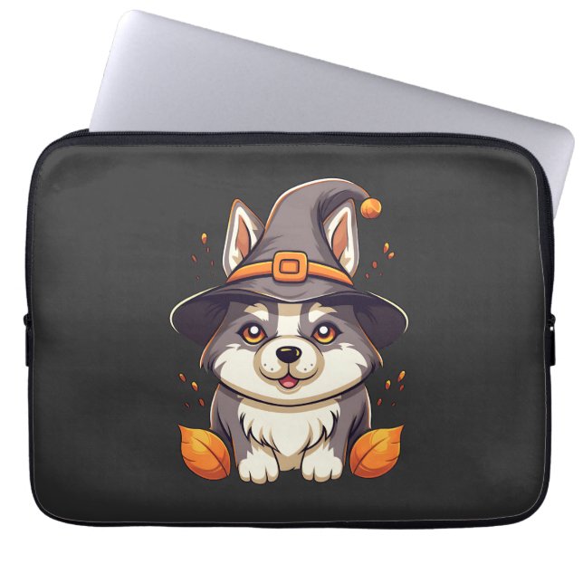 Cute Husky Hund i Witch's Hat Halloween Laptop Fodral (Framsidan)