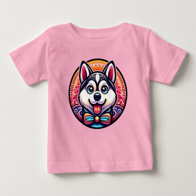Cute Husky Illustrated i Mandala Stil T Shirt (Framsida)