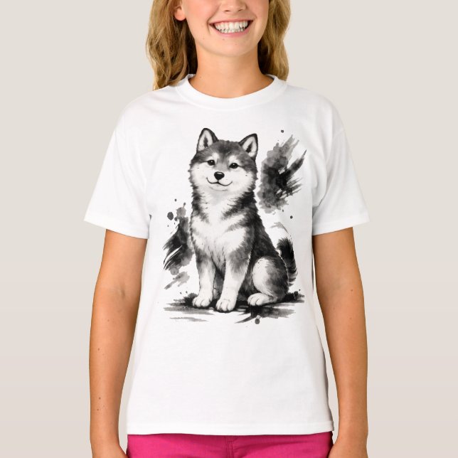【Cute Husky Japanese Ink Art Girls T-Shirt】 T Shirt (Framsida)