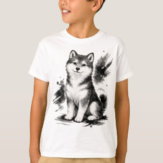 【Cute Husky Japanese Ink Art Kids T-Shirt】 T Shirt