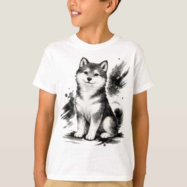 【Cute Husky Japanese Ink Art Kids T-Shirt】 T Shirt (Framsida)
