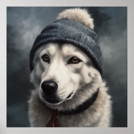 Cute Husky med blå vinterhatt Poster