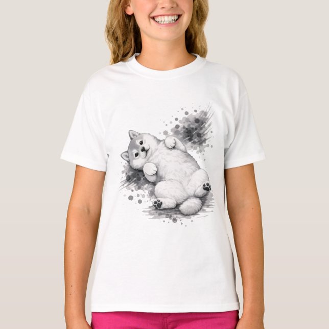 【Cute Husky Puppy Ink Art Kids T-Shirt】 T Shirt (Framsida)