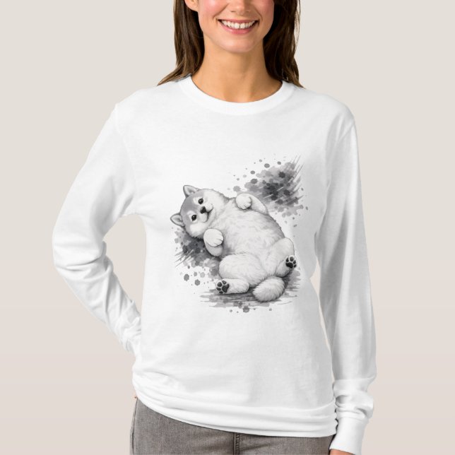 【Cute Husky Puppy Ink Art Long Sleeve T-Shirt】 T Shirt (Framsida)