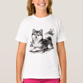 【Cute Husky Puppy Japanese Ink Art Girls T-Shirt】 T Shirt