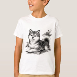【Cute Husky Puppy Japanese Ink Art Kids T-Shirt】 T Shirt