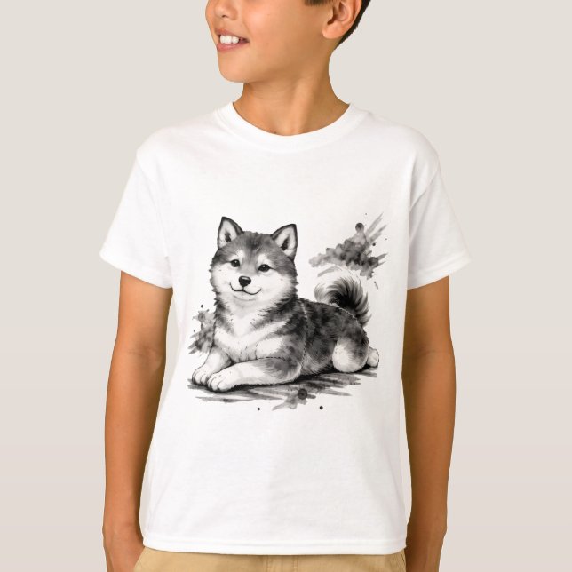【Cute Husky Puppy Japanese Ink Art Kids T-Shirt】 T Shirt (Framsida)