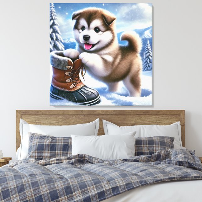 Cute Husky Puppy spelar i Snowy Winter Ligcape Canvastryck (Insitu (sovrum))