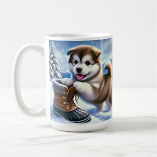 Cute Husky Puppy spelar i Snowy Winter Ligcape Kaffemugg
