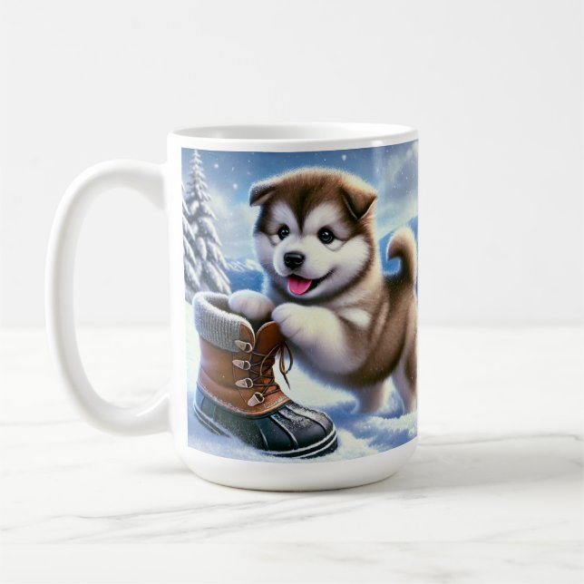 Cute Husky Puppy spelar i Snowy Winter Ligcape Kaffemugg (Vänster)