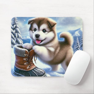 Cute Husky Puppy spelar i Snowy Winter Ligcape Musmatta