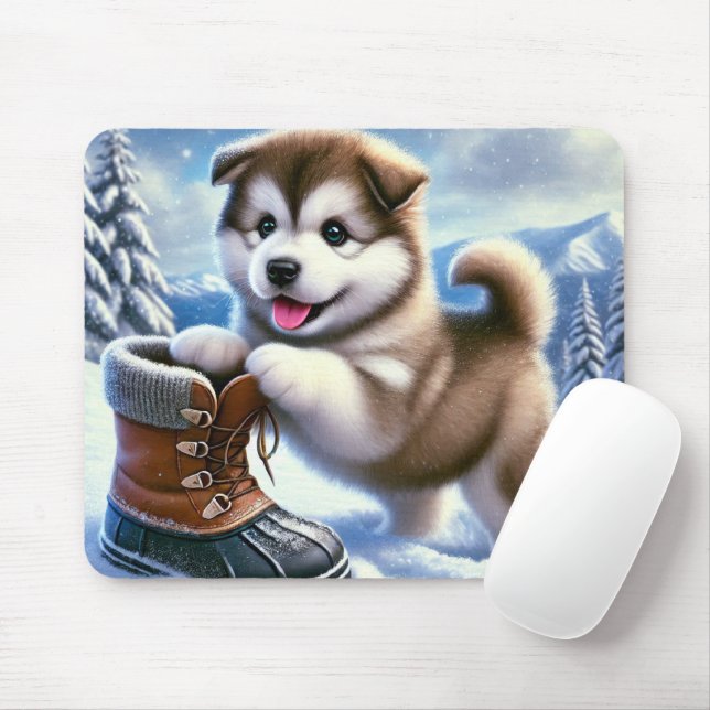 Cute Husky Puppy spelar i Snowy Winter Ligcape Musmatta (Med mus)