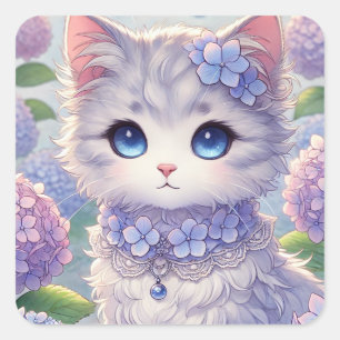 Cute Hydrangea Princess Cat Fyrkantigt Klistermärke