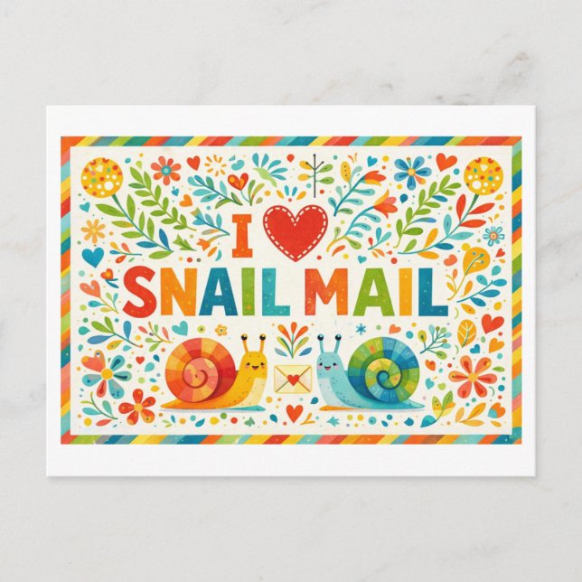 Cute "I Heart Snail Mail" Postcard Vykort (Framsida)