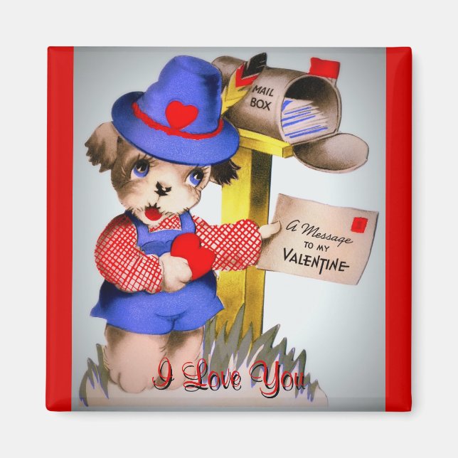 Cute I Kärlek Du Vintage Valentindagen Puppy Hund Magnet (Framsidan)