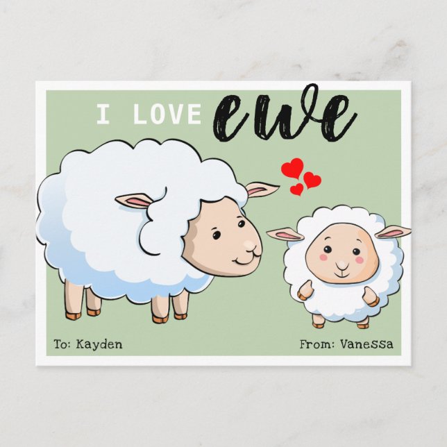 Cute 'I Kärlek Ewe' Kids Classroom Valentine Helg Vykort (Framsida)