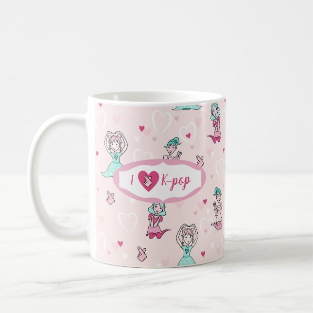 Cute I Kärlek K-pop Girls Teal Rosa Heart Kaffemugg (Vänster)