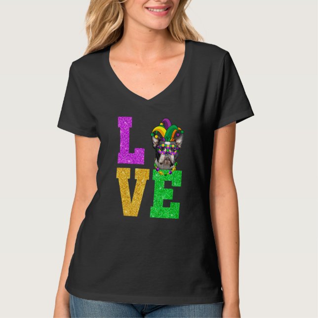 Cute I Kärlek Mardi Gras Boston Terrier Hund Puppy T Shirt (Framsida)