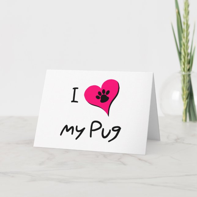 Cute I Kärlek My Pug Paw Skriv ut Rosa Heart Valen Helgkort (Framsida)