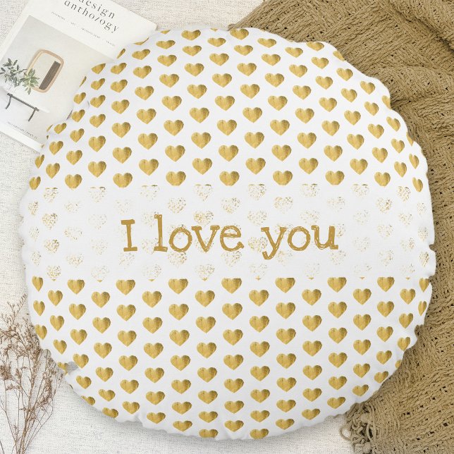 Cute I Kärlek You Golden Hearts White Grunge Moder Rund Kudde (Cute I Love You Golden Hearts White Grunge Modern Round Pillow ©Susanne Sachers - Sunny Mind Design )