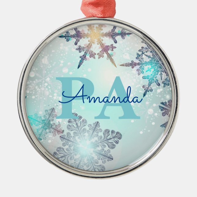 Cute Ice Blue Snowflake Personalized Name PA Julgransprydnad Metall (Framsidan)