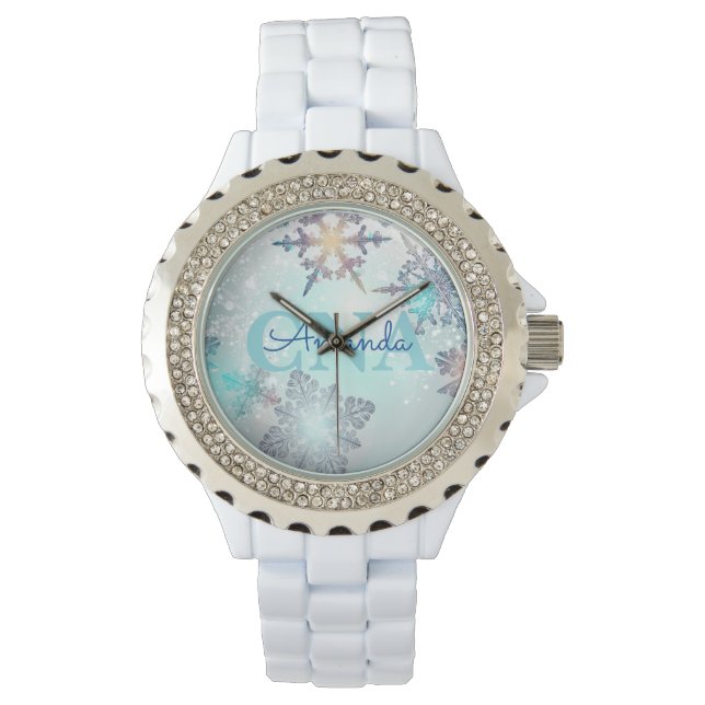 Cute Ice Blue Snowflake Personlig Namn CNA Armbandsur (Framsida)