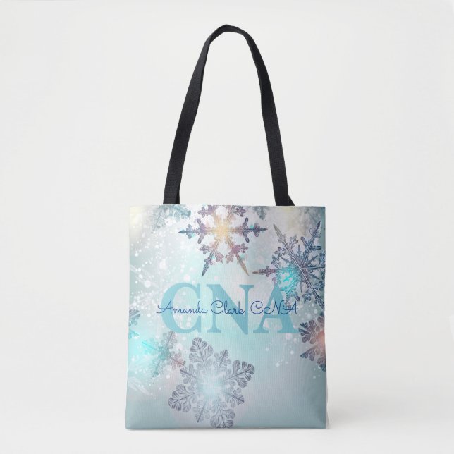 Cute Ice Blue Snowflake Personlig Namn CNA Tygkasse (Framsida)