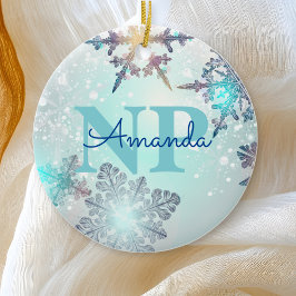 Cute Ice Blue Snowflake Personlig Namn NP Nurse Julgransprydnad Keramik