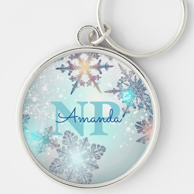Cute Ice Blue Snowflake Personlig Namn NP Nurse Rund Silverfärgad Nyckelring (Framsidan)