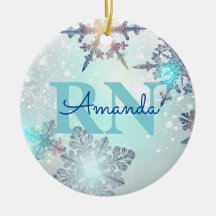 Cute Ice Blue Snowflake Personlig Namn RN Nurse
