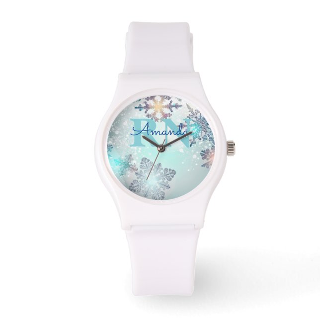 Cute Ice Blue Snowflake Personlig Namn RN Watch Armbandsur (Framsida)