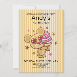 Cute Ice Cream Bear 4:e Barns födelsedag-inbjudan