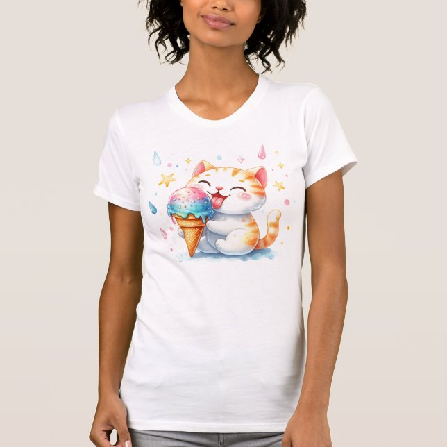 Cute Ice Cream Cat Whimsical Watercolor Kattunge T Shirt (Framsida)