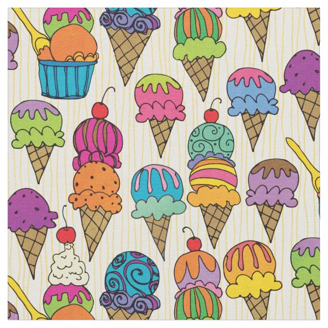 Cute Ice Cream Cone Dessert på Cream Girly Mönster Tyg (Närbild)